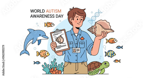 Marine biologist holding shell with sea life for Autism Awareness Day