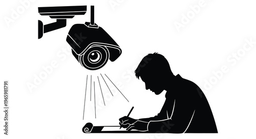 A security camera observes a person writing on a scroll creating a stark contrast in this graphic silhouette high quality professional