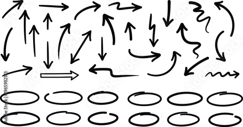 Hand drawn arrows and circles on a white background