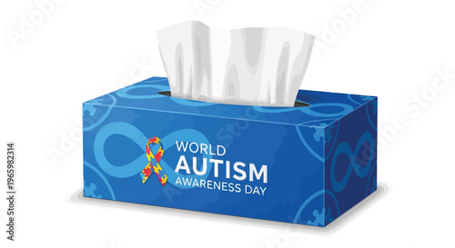 Tissue box with autism awareness symbols for health and care