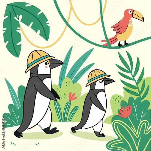 Penguin Family Exploring Jungle Coloring Page