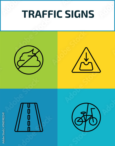 traffic signs outline icon set. 4 linear vector for ui, web and mobile. thin line no pooping, pothole, highway, no bicycle icons.