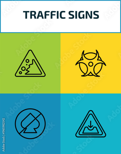 traffic signs outline icon set. 4 linear vector for ui, web and mobile. thin line falling rocks, biological hazard, no gambling, pothole icons.