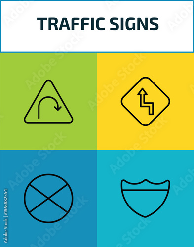 traffic signs outline icon set. 4 linear vector for ui, web and mobile. thin line left hair pin, curves, no stopping, highway icons.