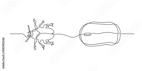 Continuous one line art drawing of a beetle bug on a computer mouse, minimalist insect technology concept for April Fools prank, simple line graphic of a dung beetle crawling on laptop accessories.