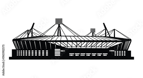 A striking black silhouette of a large sports stadium with a complex roof structure and floodlights silhouette high quality professional detailed