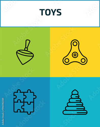 toys outline icon set. 4 linear vector for ui, web and mobile. thin line spinning toy, spinner toy, thinking game toy, circle icons.