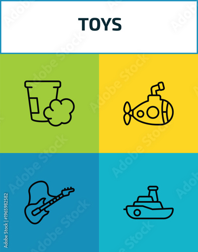 toys outline icon set. 4 linear vector for ui, web and mobile. thin line dough toy, submarine toy, guitar toy, boat icons.