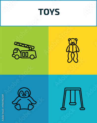 toys outline icon set. 4 linear vector for ui, web and mobile. thin line fire truck toy, teddy bear toy, penguin toy, swing icons.