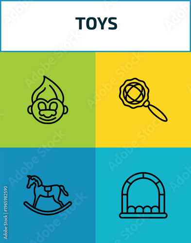 toys outline icon set. 4 linear vector for ui, web and mobile. thin line troll toy, rattle toy, rocking horse toy, bouncy castle icons.