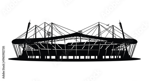 A striking black silhouette of a large stadium with a complex roof structure evoking grandeur and scale silhouette high quality professional