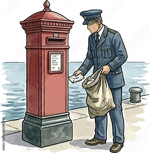 Vintage Postman Posting Letter at Red Pillar Postbox by the Sea Retro Illustration