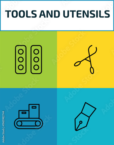 tools and utensils outline icon set. 4 linear vector for ui, web and mobile. thin line semaphore lights, forceps, packing hine, ink pen icons.
