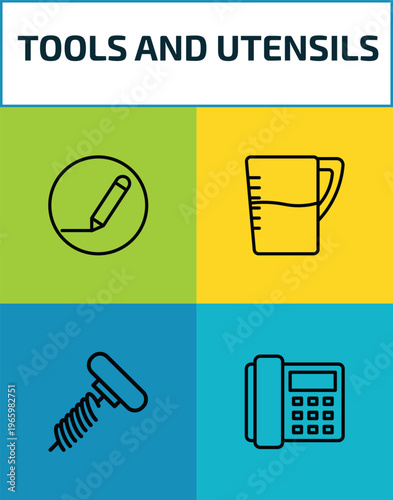 tools and utensils outline icon set. 4 linear vector for ui, web and mobile. thin line edit tools, pitcher with levels, auger, modern telephone icons.