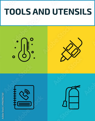 tools and utensils outline icon set. 4 linear vector for ui, web and mobile. thin line thermometers, tattoo, telephone agenda, flame extinguisher icons.