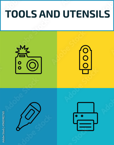 tools and utensils outline icon set. 4 linear vector for ui, web and mobile. thin line camera with flash, semaphore light, body thermometer, print button icons.