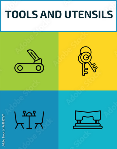 tools and utensils outline icon set. 4 linear vector for ui, web and mobile. thin line penknife, key ring, dining, hole puncher icons.