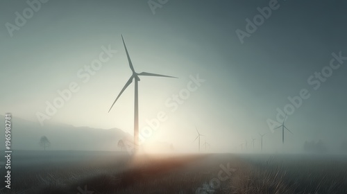 Turbine shadow moves through misty field with distant turbine base and morning fog