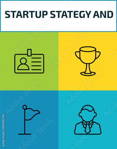 startup stategy and outline icon set. 4 linear vector for ui, web and mobile. thin line identity, cup, success flag, ceo icons.