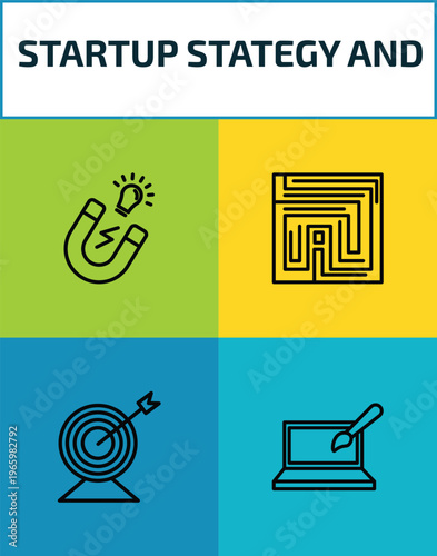 startup stategy and outline icon set. 4 linear vector for ui, web and mobile. thin line idea magnet, strategy in a labyrinth, purpose, web de icons.