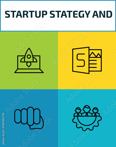 startup stategy and outline icon set. 4 linear vector for ui, web and mobile. thin line startup laptop, sway, fist, management icons.