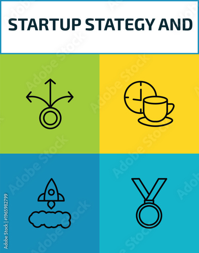 startup stategy and outline icon set. 4 linear vector for ui, web and mobile. thin line decision, coffee break, startup, gold medal icons.