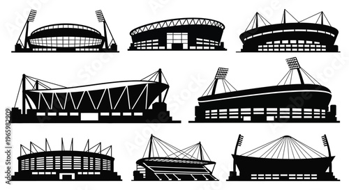 A collection of stadium outlines showcases diverse architectural styles in a striking black silhouette high quality professional detailed modern elegant stylish