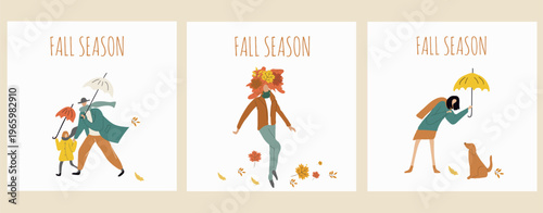 Autumn cards set, fall season illustratios, Hello autumn, cozy autumn, hand drawn vector art, I love leaf fall.