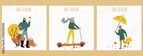 Autumn cards set, fall season illustratios, Hello autumn, cozy autumn, hand drawn vector art, I love leaf fall.