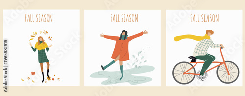 Autumn cards set, fall season illustratios, Hello autumn, cozy autumn, hand drawn vector art, I love leaf fall.