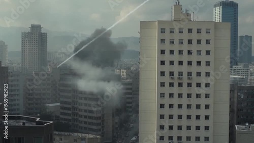 A dramatic cityscape with a massive explosion occurring between skyscrapers on a cloudy day, with destruction and chaos in the background, possibly for a disaster or action movie scene