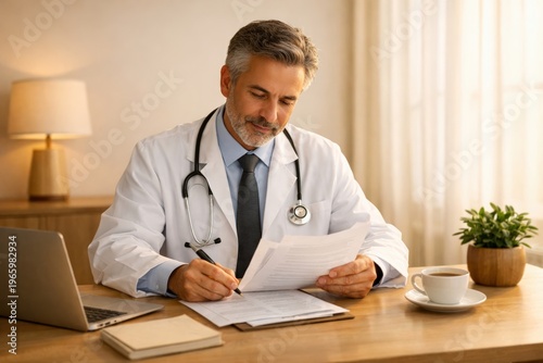 Male doctor reviewing medical records at desk with laptop and stethoscope for patient consultation and office work background