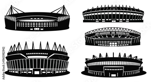 A collection of six stadium outlines showcases architectural designs in a stark bold black silhouette high quality professional detailed modern elegant