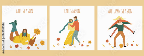 Autumn cards set, fall season illustratios, Hello autumn, cozy autumn, hand drawn vector art, I love leaf fall.
