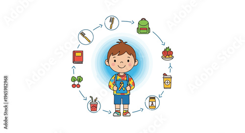 Child with autism symbols and daily routine icons in circular layout