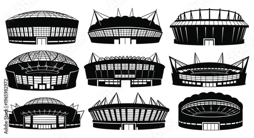 A collection of stadium outlines showcasing diverse architectural designs in a striking black silhouette high quality professional detailed modern elegant stylish