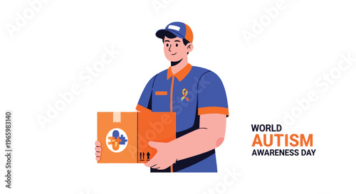 Delivery worker holding cardboard box with autism puzzle piece logo