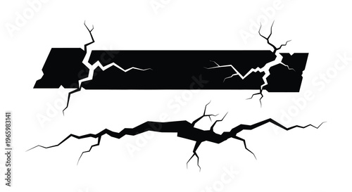 A stark black fractured shape against a white background evokes breakage and instability presented as a silhouette high quality professional detailed