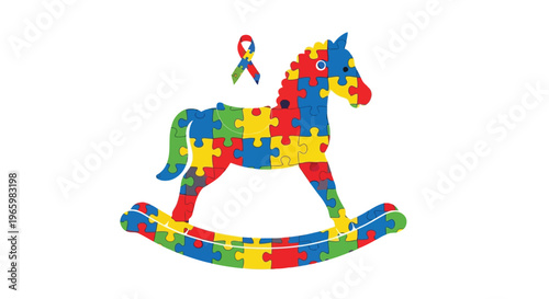 Rocking horse toy decorated with autism awareness colorful puzzle pieces