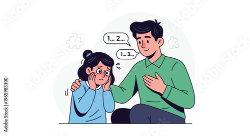 Adult helping distressed child with counting and puzzle piece support