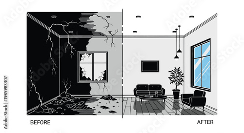 A stark visual contrast depicts a room split between destruction and serenity highlighting a before and after effect silhouette high quality professional detailed