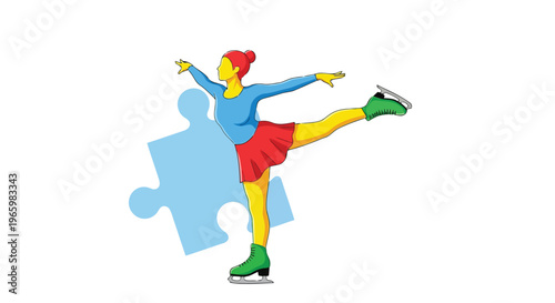 Ice skater figure performing on ice with blue puzzle piece background