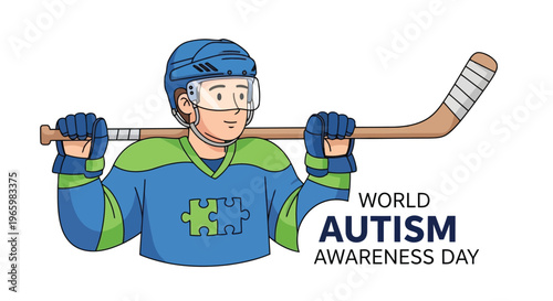 Ice hockey player wearing autism puzzle piece jersey with hockey stick