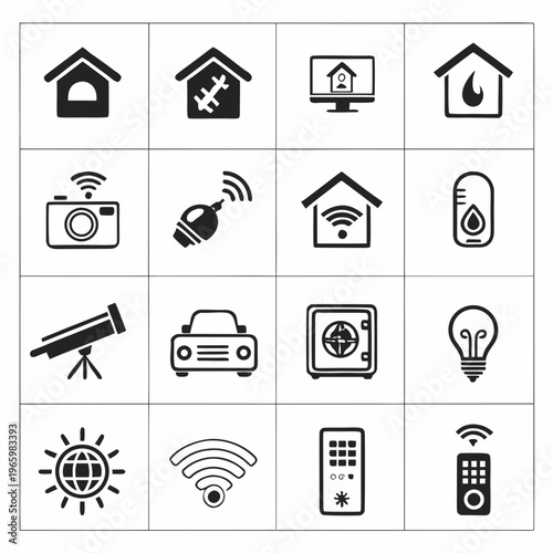 A collection of black and white vector icons representing smart home devices and technology