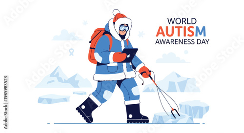 Person in winter gear exploring arctic landscape for autism awareness