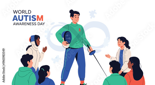 Fencer standing with mask in hand surrounded by supportive teammates