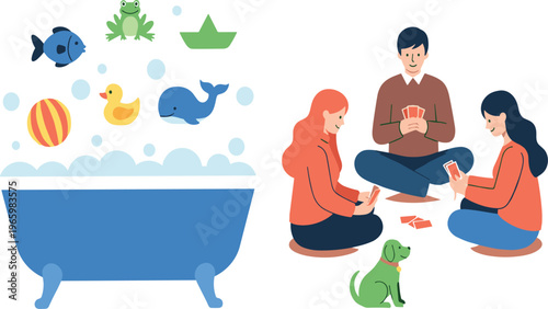 Family leisure time at home playing card game with pet dog and kids bath toys illustration cozy lifestyle weekend activity flat vector design