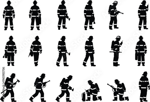 Firefighter silhouettes isolated on white background, emergency rescue team poses, fireman equipment, uniform figures, safety service icons, vector illustration set