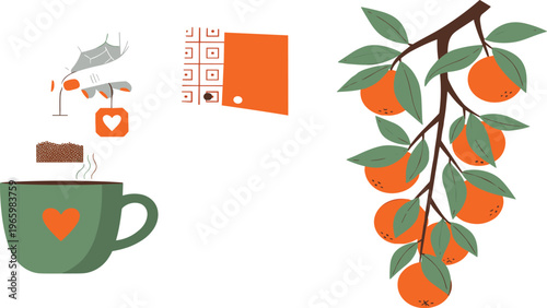 Cozy autumn comfort concept with hot coffee cup heart icon oranges branch natural ingredients warm drink hygge lifestyle flat vector illustration