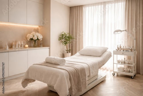 Elegant aesthetic clinic treatment room with neutral decor and soft lighting for spa background and wellness therapy design